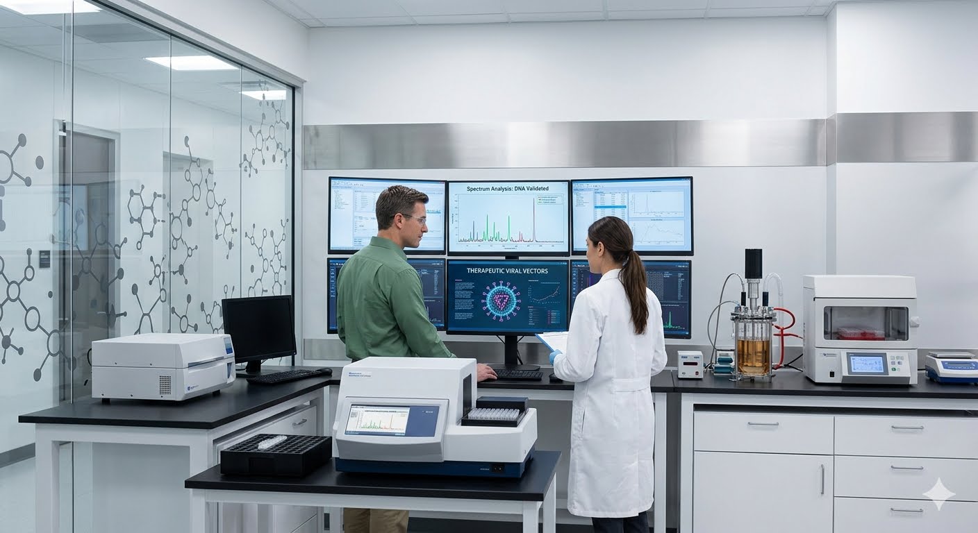 Life sciences specialists reviewing analytical data in a laboratory